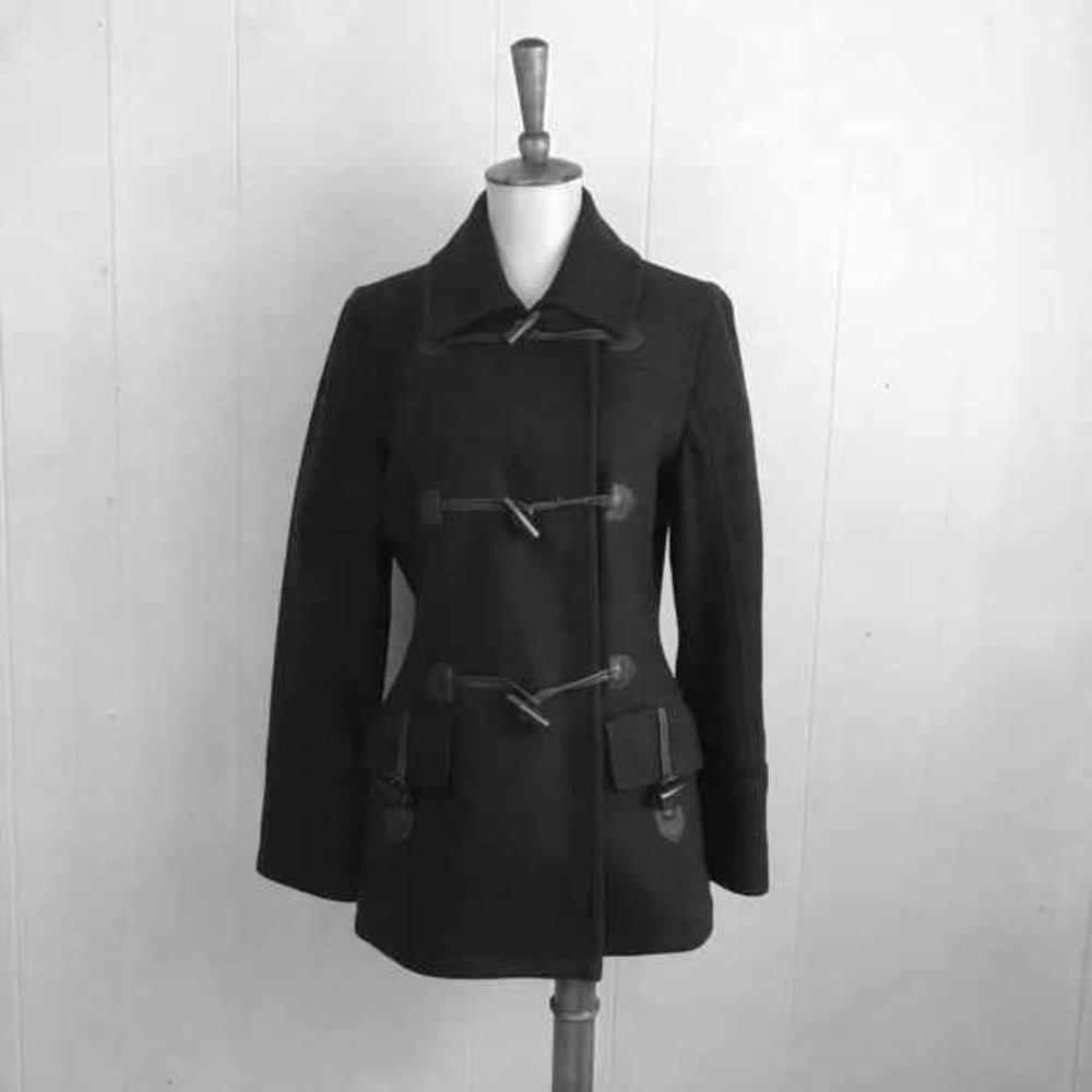 Classic Black Halogen Wool Leather Toggle Front Coat